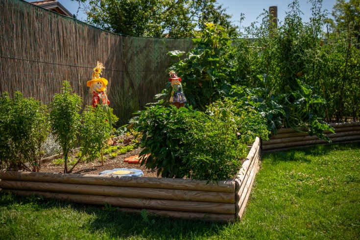 Un jardin bien entretenu avec des épouvantails et différentes plantes vertes qui l'embellissent.
