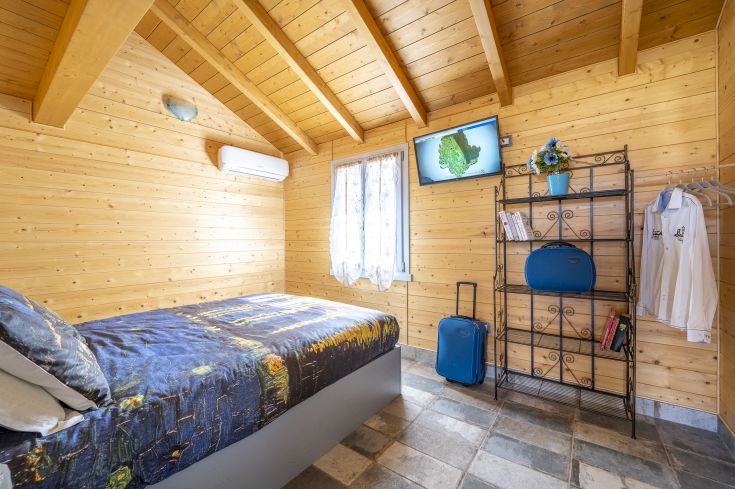 Chambre simple avec mobilier en bois, équipée d'une télévision et donnant sur un environnement paisible.