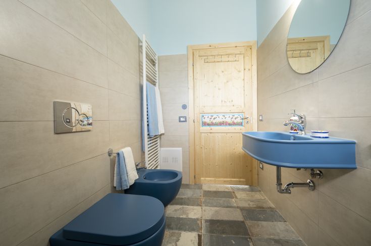 Salle de bain simple et moderne avec des sanitaires bleus et de petits détails en bois.
