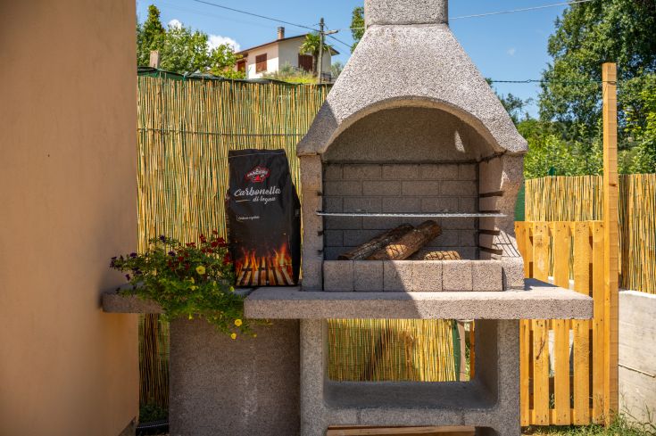 Cheminée extérieure en maçonnerie avec du bois, idéale pour des barbecues en plein air avec des amis et la famille.