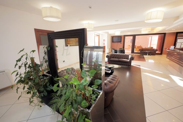 Lobby of Hotel Miralago, featuring simple and cozy plants and furnishings.