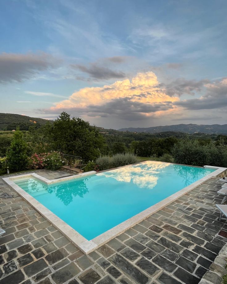 Ein Pool, der im Grünen eingebettet ist, umgeben von Bäumen und Pflanzen, unter einem klaren Himmel mit leichten Wolken.