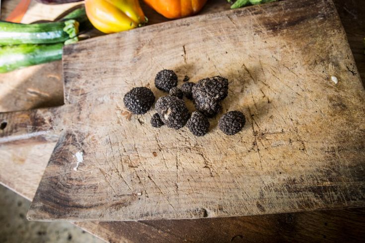 Tartufi freschi di colore nero disposti su un semplice tagliere in legno, ideali per preparazioni culinarie di qualità.