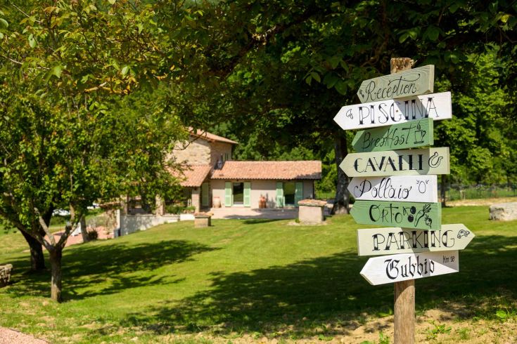 Signs in a green landscape indicate amenities like a swimming pool and horseback riding at the agriturismo.