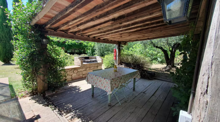 Outdoor area equipped with a table and barbecue, surrounded by green plants. A perfect place for relaxation.