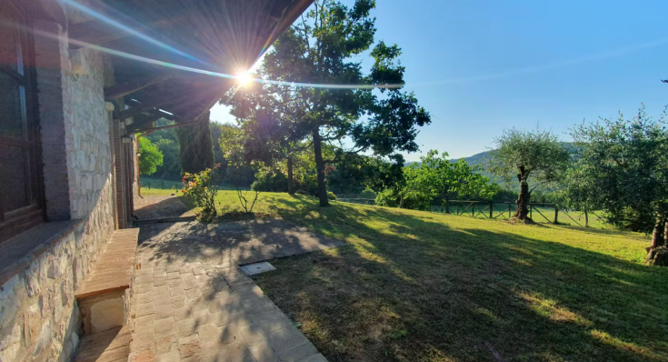 A serene atmosphere in a green area with the sunset over the cottage.