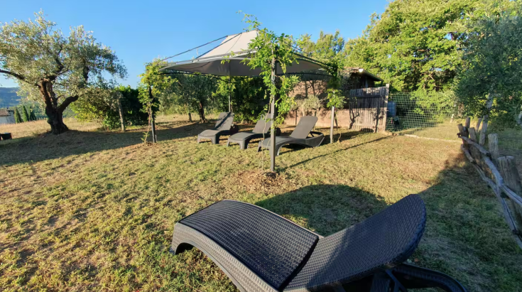 A serene outdoor space with sun loungers and a gazebo surrounded by lush green plants.