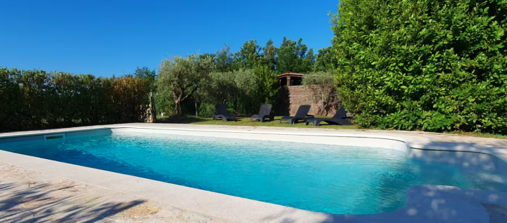 A serene outdoor pool surrounded by trees and a gazebo, offering a peaceful retreat in nature.