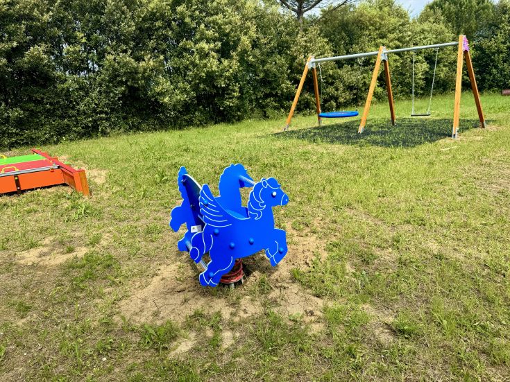 A playground in green surroundings, featuring children's equipment like a swing and a blue horse. A fun space.