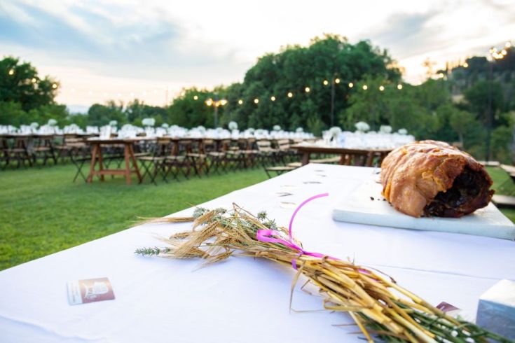Una festa all'aperto con tavoli sistemati in modo ordinato e un arrosto ben visibile al centro.