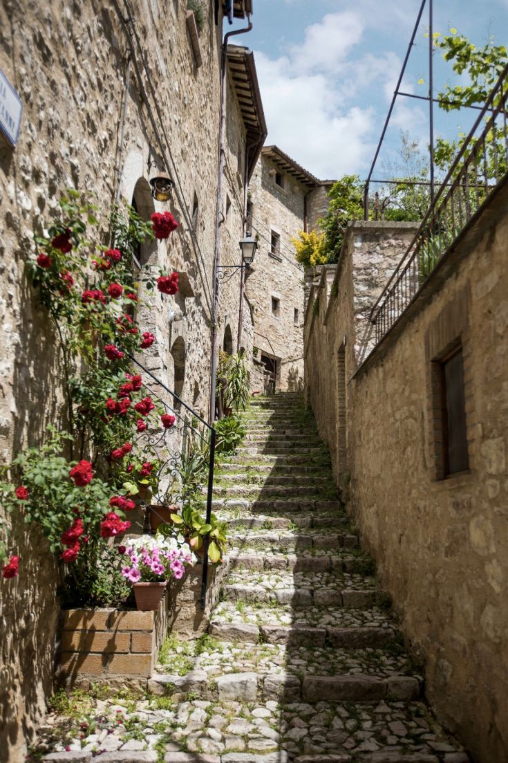 Ein Blick auf eine ruhige mittelalterliche Gasse, geschmückt mit Blumen und grünen Pflanzen.