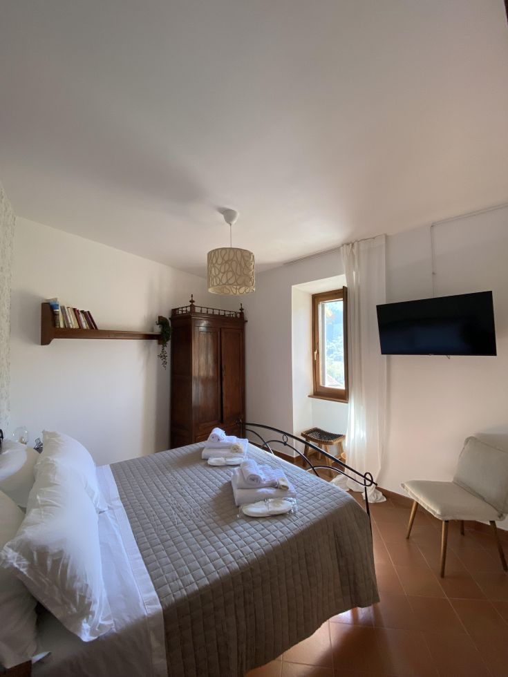 Gemütliches Zimmer mit Doppelbett, Fernseher und Blick auf eine grüne Fläche, ideal zum Entspannen.