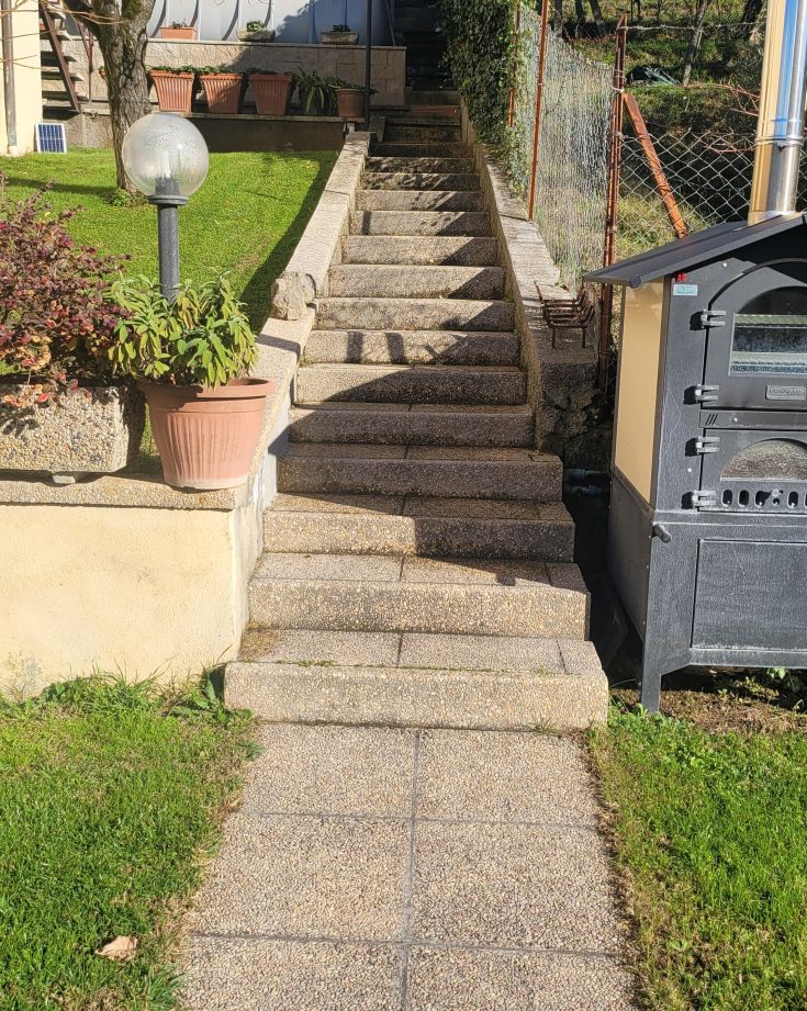 Steinstufen, die zu einem friedlichen grünen Garten führen.