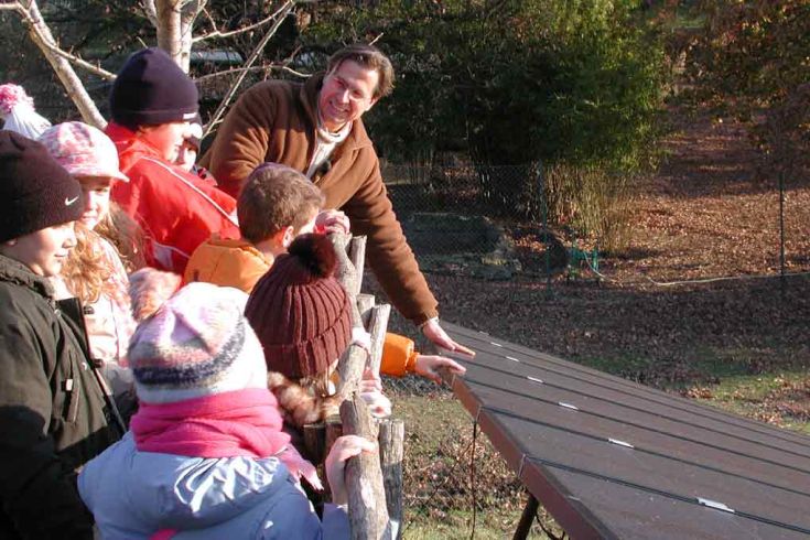 Eine Gruppe von Kindern nimmt aufmerksam an einer Lernaktivität im Freien teil.