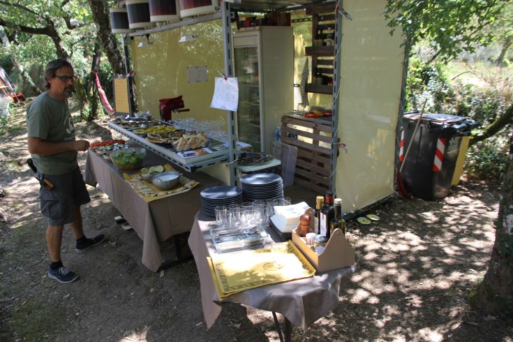 Ein gut ausgestatteter Bereich mit frischem Essen und freundlichem Service, umgeben von der Natur.