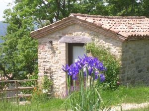 Un agriturismo accogliente immerso nella natura umbra, circondato da un paesaggio tranquillo.