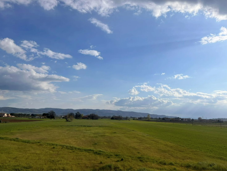 Scena di una calma campagna umbra, con prati verdi, un cielo sereno e leggere nuvole bianche sopra le colline.