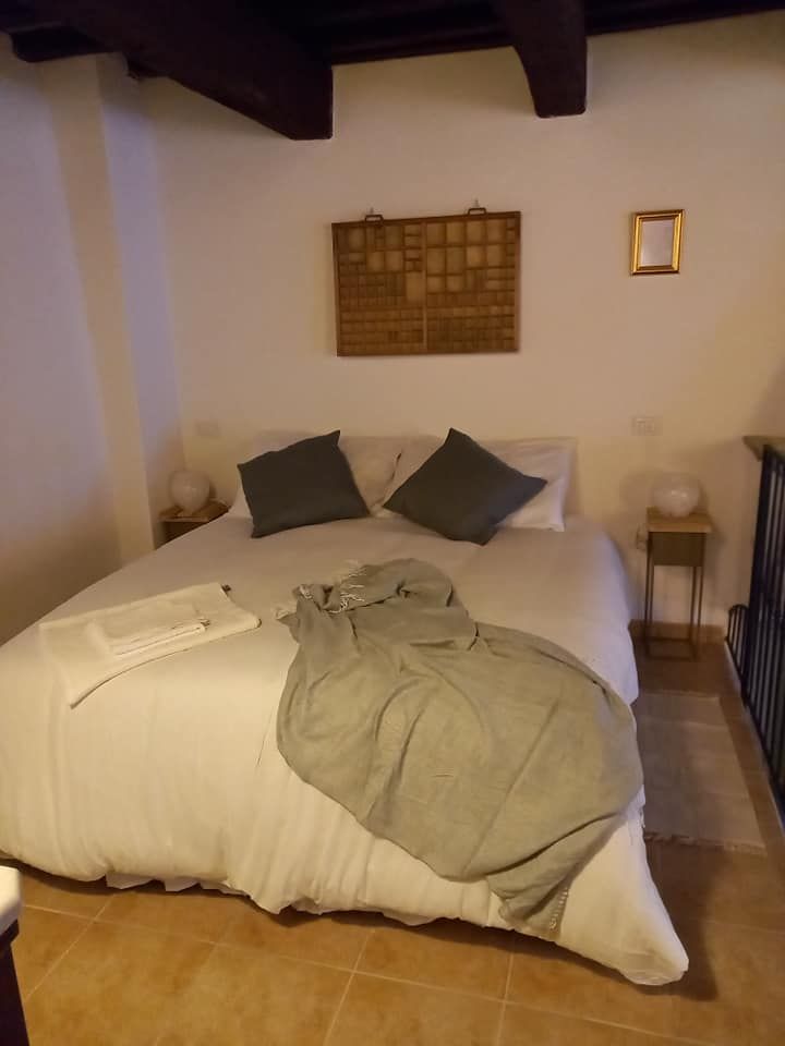 Camera confortevole con un letto matrimoniale e particolari pensati per un ambiente rilassante.