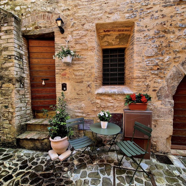 Un angolo semplice con un tavolo e delle sedie, circondato da piante verdi, in un ambiente rilassato.