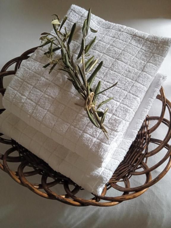 Zwei weiße Handtücher mit einem Olivenzweig platziert, schaffen eine entspannende und natürliche Atmosphäre.