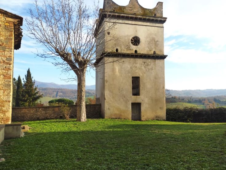 A building with a bare tree and hills in the background. A calm and simple scene.