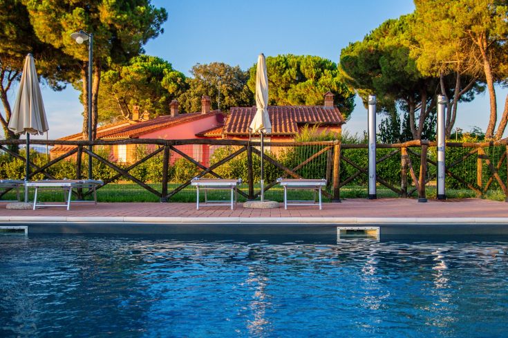 Una piscina immersa nel verde, circondata da alberi e aree relax, perfetta per un soggiorno sereno.