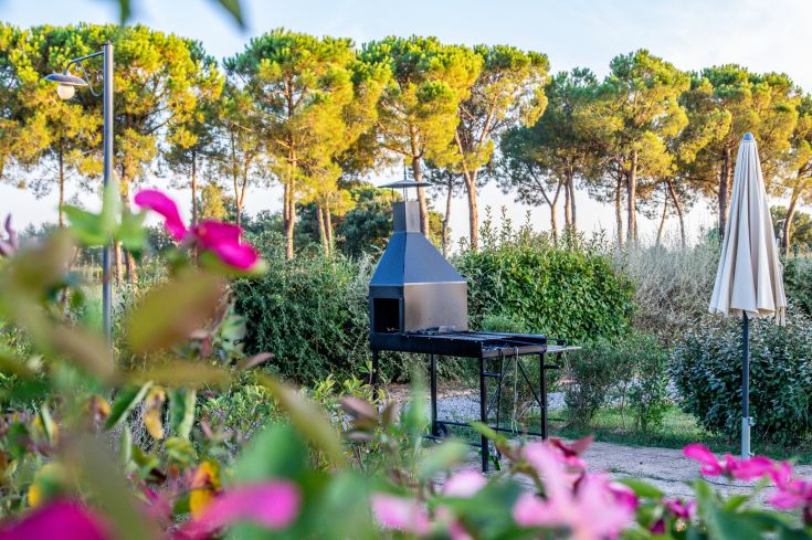 Un barbecue situato in un agriturismo, circondato da fiori e alberi in un ambiente naturale.