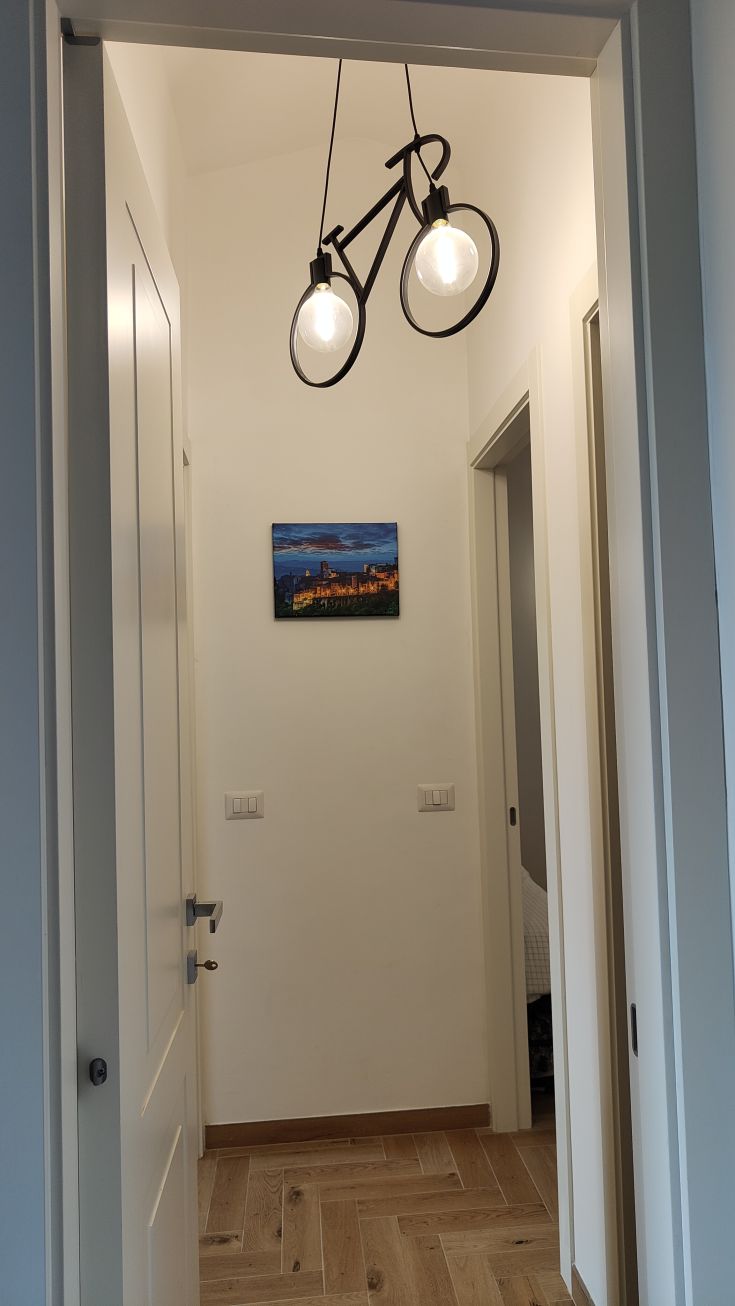 Un couloir simple avec une lampe suspendue en forme de bicyclette et une impression murale. Un espace organisé et accueillant.