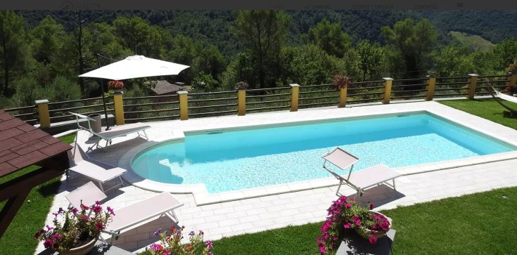 Una piscina situata in un verdeggiante contesto naturale, circondata da alberi e colline, ideale per momenti di relax.