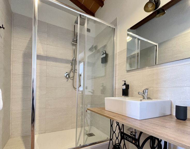 Douche moderne avec des finitions simples et un lavabo essentiel dans un environnement lumineux et confortable.