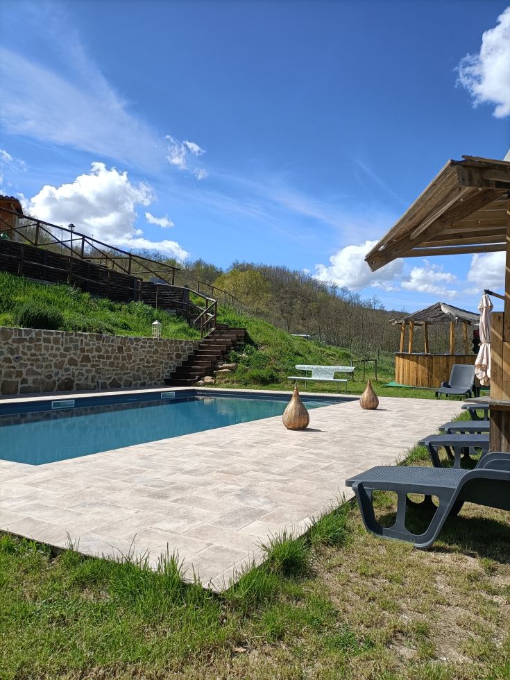 A pool surrounded by lush greenery, ideal for relaxing moments in a peaceful setting.