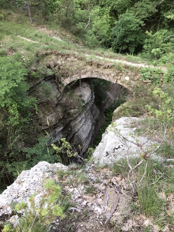 Un ponte in pietra di epoca medievale circondato da vegetazione, rappresenta un paesaggio naturale e tranquillo.