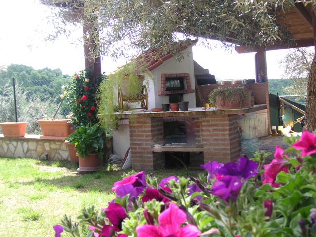 An outdoor space furnished with a barbecue and green plants, perfect for leisure moments outside.