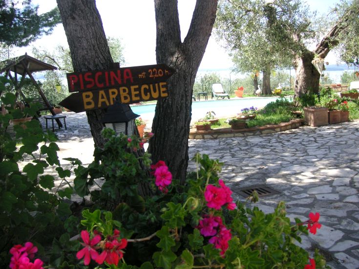 A cozy outdoor space with a swimming pool, barbecue area, and flowers surrounded by the greenery of the Umbrian hills.