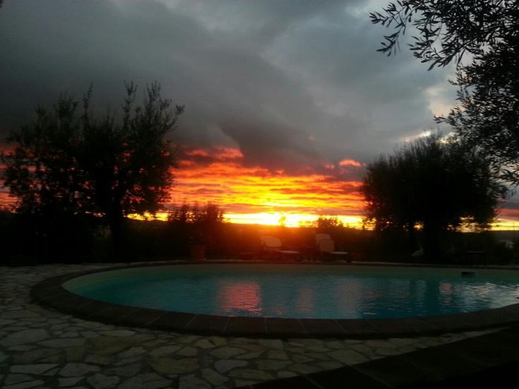 Tranquil sunset over Lake Trasimeno, with olive trees and gentle Umbrian hills in the background.