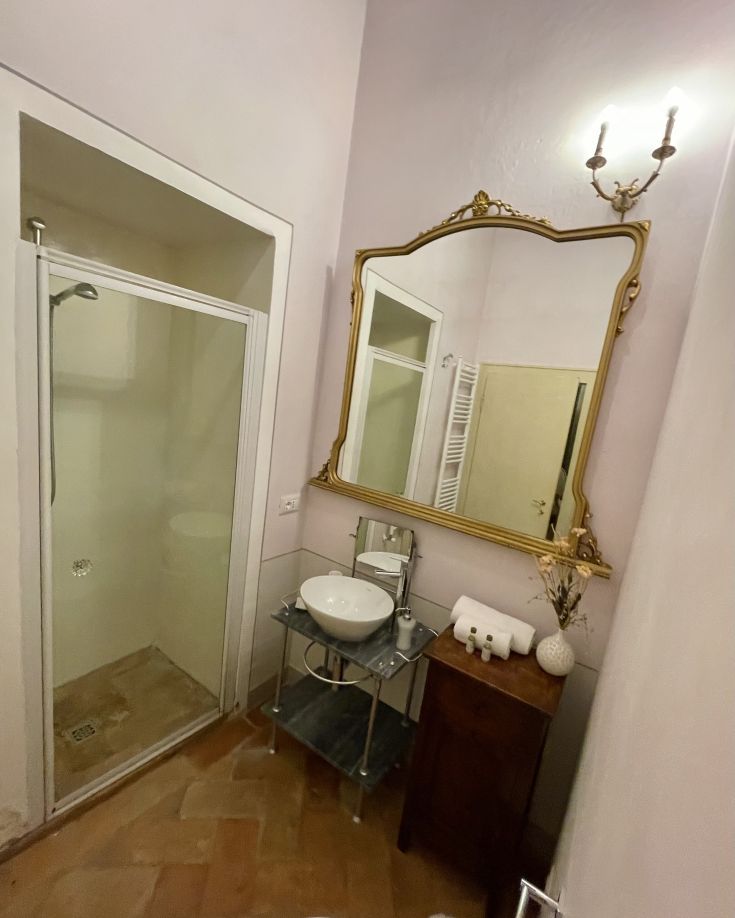 Bagno con doccia e lavabo moderno, arricchito da decorazioni di stile classico.