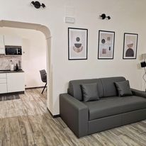 Simple living room with a sofa and contemporary decorative elements.