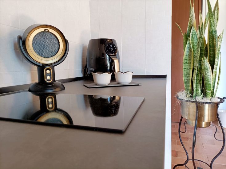 Simple and functional kitchen equipped with modern appliances and decorative plants that enhance the pleasant environment.