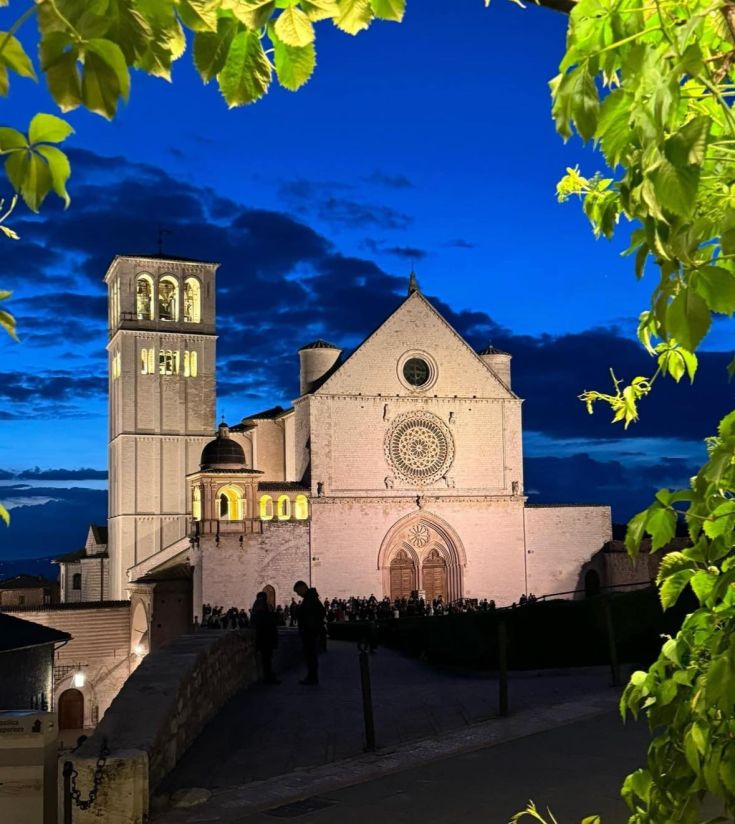Die Basilika San Francesco bei Sonnenuntergang, mit einem blauen Himmel und grünen Blättern im Vordergrund.