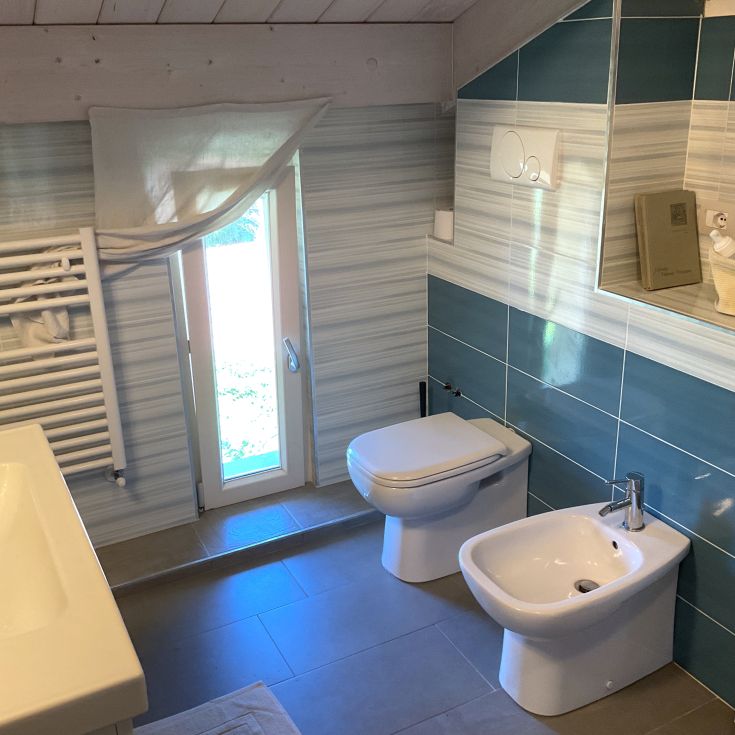 Geräumiges und helles Badezimmer mit blauen Fliesen und modernen Sanitäreinrichtungen, mit Blick auf einen Garten.