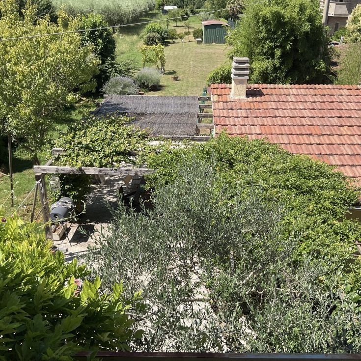 Eine Villa umgeben von einem großen Garten, mit einer Terrasse ausgestattet für Entspannung im Freien.