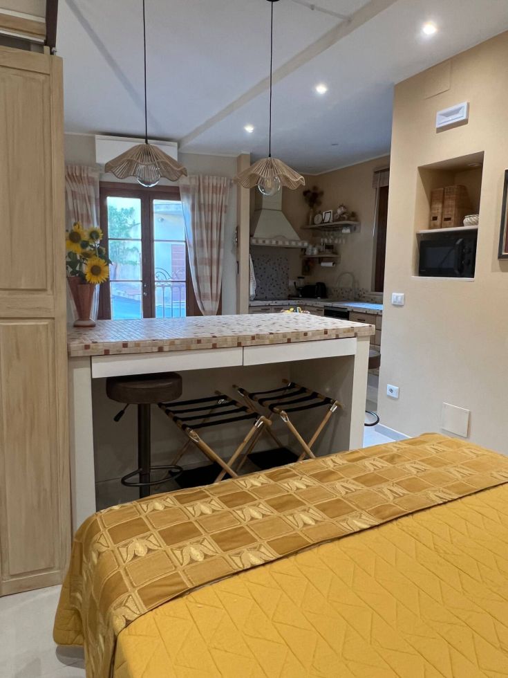 Bright, cozy space with a kitchenette overlooking a patio. Simple and functional design.