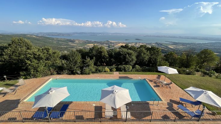 A scene showing a pool and a lake, surrounded by green spaces; a suitable environment for relaxation.