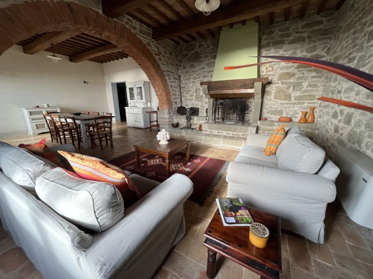 A rustic living room featuring a fireplace and cozy light sofas.