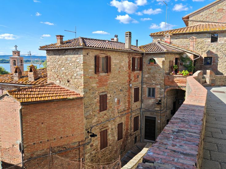 A scene of a medieval village with stone buildings and tiled roofs, typical of historical architecture.