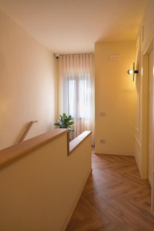Un couloir simple et lumineux, agrémenté d'une plante verte et de la lumière naturelle entrante par la fenêtre.