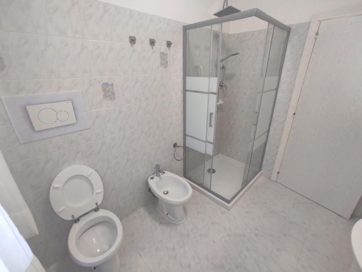 Bagno ben arredato con doccia, sanitari funzionali e uno stile semplice e contemporaneo.