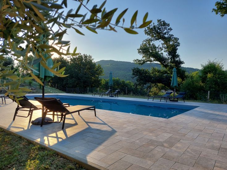 Ein Pool, umgeben von Grün, Bäumen und Pflanzen, ideal für entspannende Momente und Ruhe.