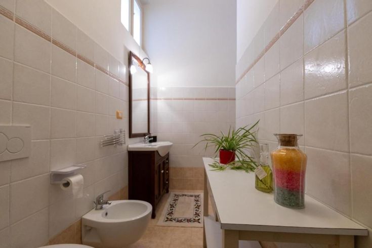 Bright modern bathroom with white tiles, mirror above the sink, and plants on the windowsill.