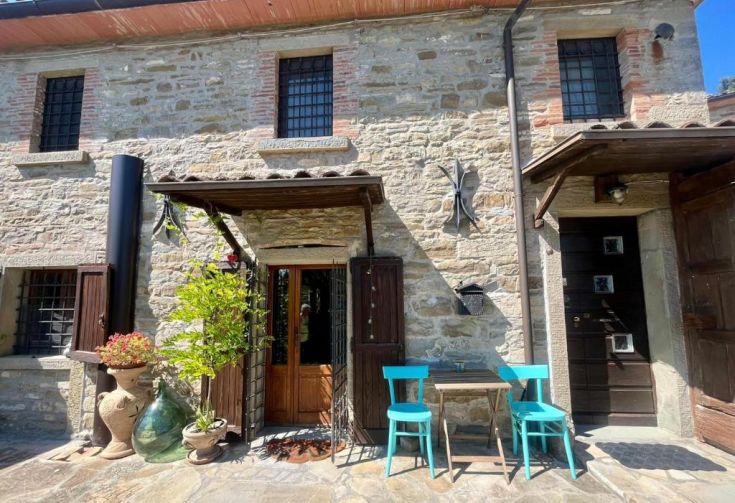 A stone facade of a house, featuring some plants and an outdoor table.